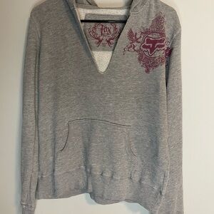 Fox Gray V-Neck Hoodie Sweater Soft Knit Casual Y2K size Large